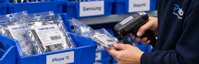Scanning a labelled phone component alongside model-specific stock bins