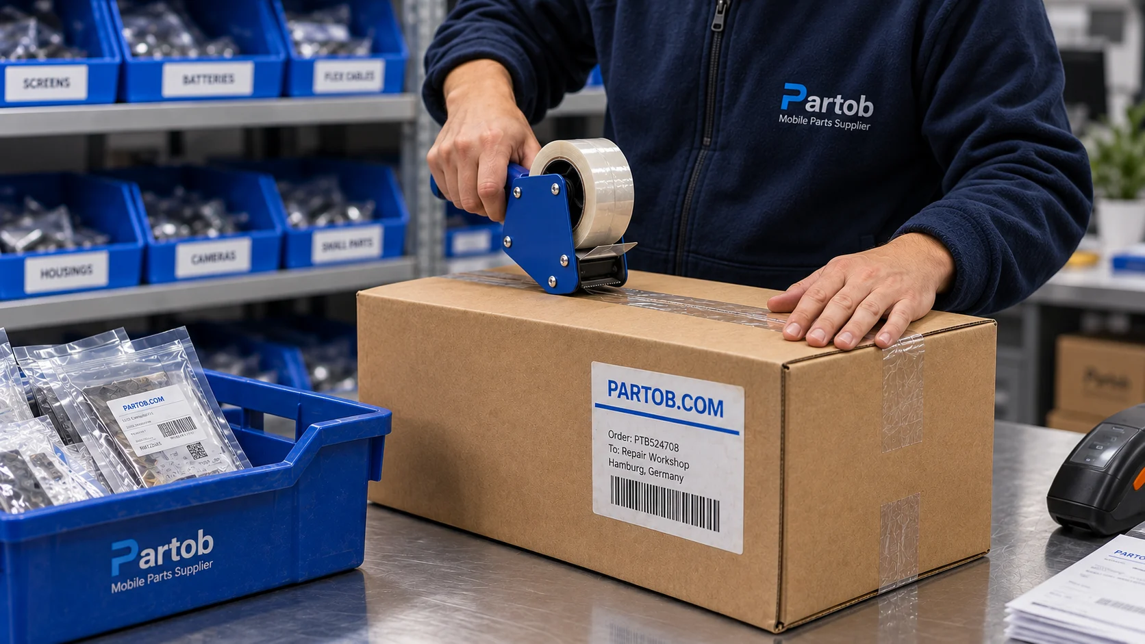 A Partob parcel being packed alongside organised trays of repair components