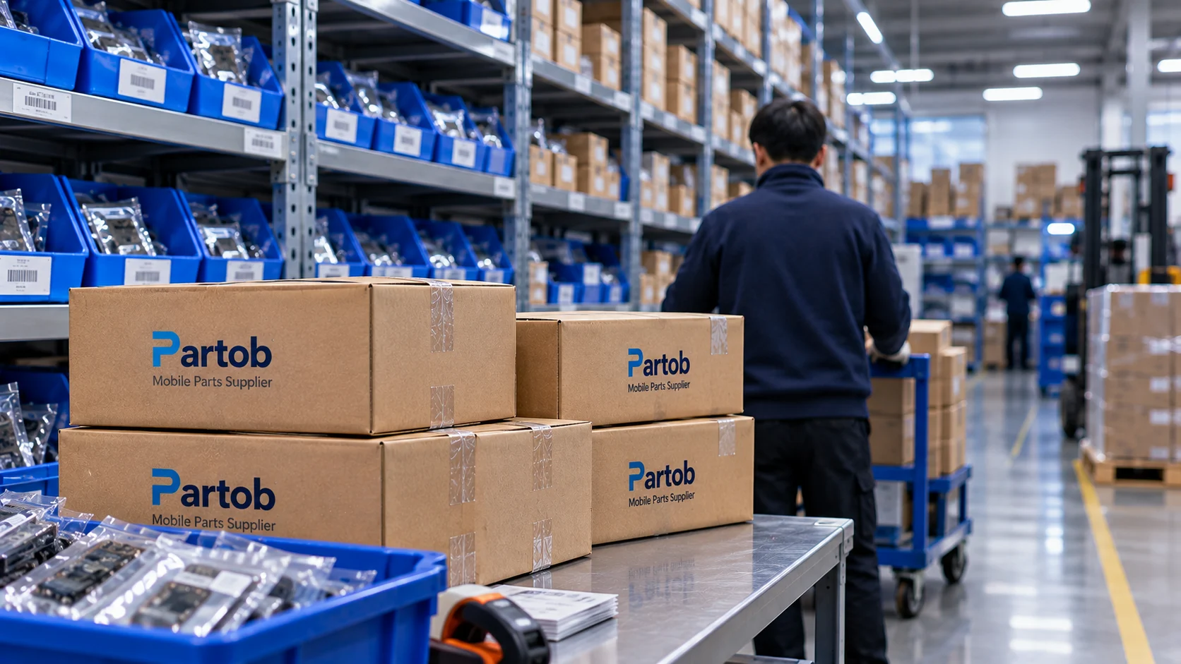 Partob parcels beside shelves of mobile phone components